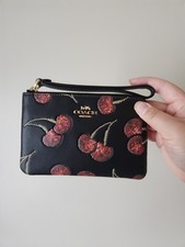 NWT Coach Corner Zip Wristlet With Cherry Print CDF05 Silver Black MULTI