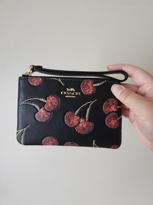 NWT Coach Corner Zip Wristlet With Cherry Print CDF05 Silver Black MULTI