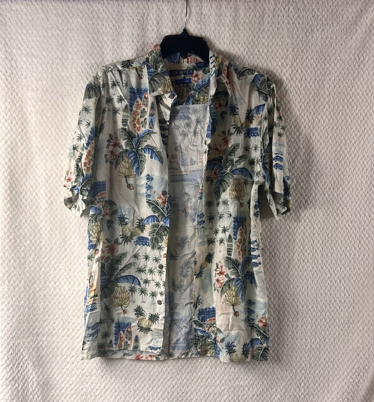 Campia Andrea Men's M Cotton Woven Hawaiian Tropical Floral Button-Up Beige