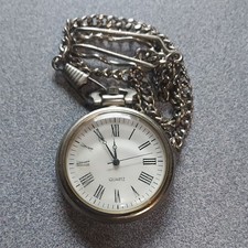 Quartz Full Hunter Pocket Watch w/ Chain, White Dial Roman Numerals Silver