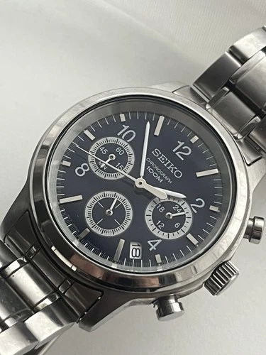 Seiko Sweeping Chronograph Mens Vintage Watch Silver 6T6300A0 Blue Military Dial