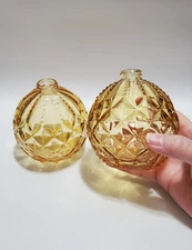 Decorative Yellow Glass Bottles, Set Of 2, Round, Ornament Shaped, Diamond & Dot