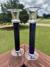 Cobalt Blue Pillar Glass Candlesticks 10 Inch Crate and Barrel  #1642 Set Of 2