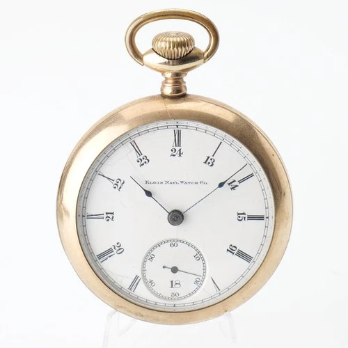 1893 ELGIN SIZE 18s POCKET WATCH GOLD FILLED OPEN FACE 24 HOUR DIAL RUNNING