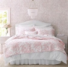 New Laura Ashley Floral Pink White King Quilt Set Cotton Bedding Shams Reversibl
