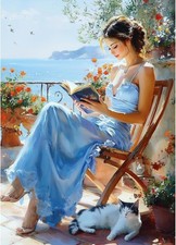 Frau und Katze Diamond Art Kits Erwachsene 5D Diamond Painting Meereslandschaft für Anfänger