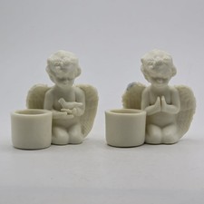 Set of 2 Small Angel Cherub With Candle Holder Ceramic Praying  Dove Minor Wax