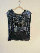 Vintage 80's Women's Top Beaded Silk Sequin Gatsby Fairycore NYE Sparkle Party