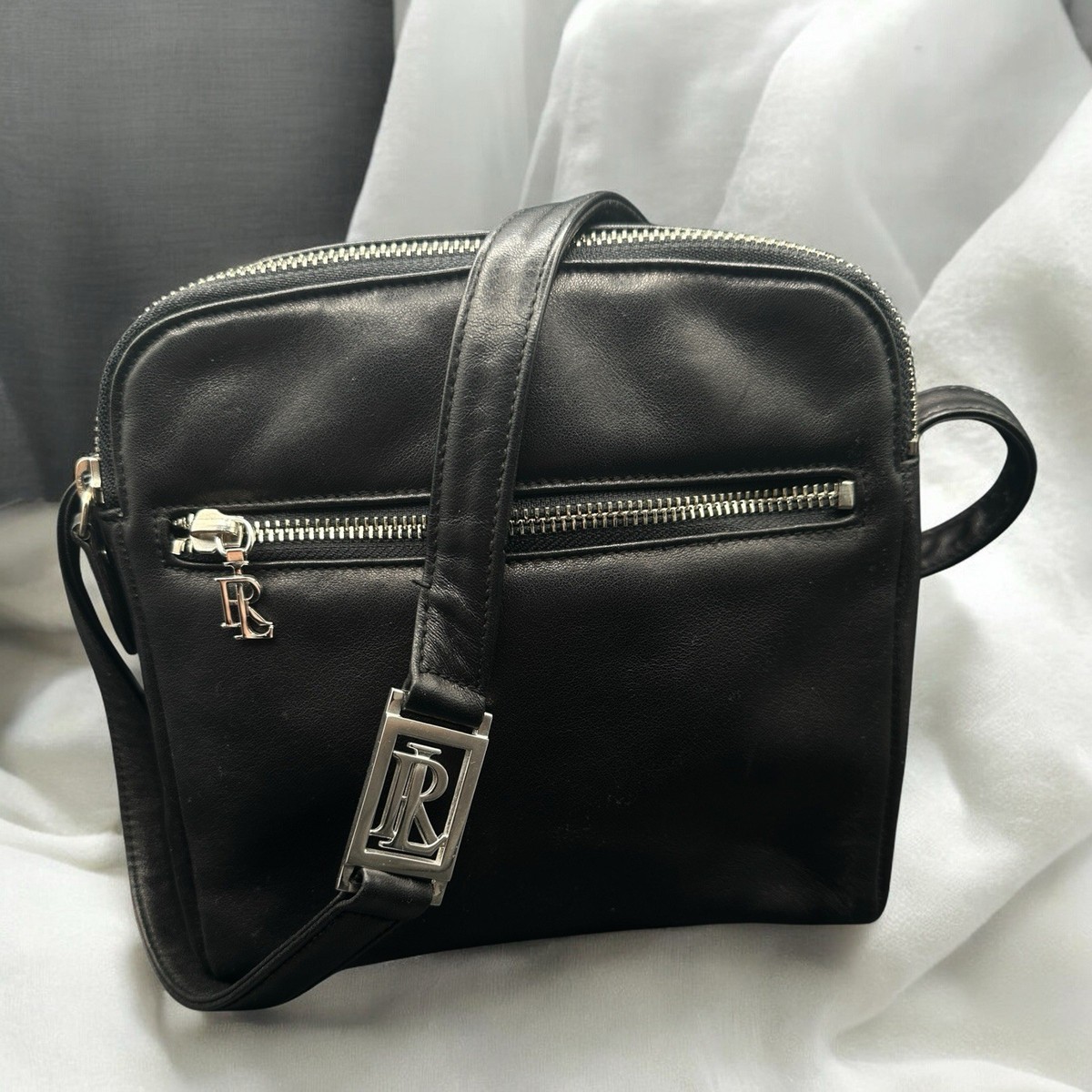 Vintage Ralph Lauren Leather Small Crossbody Bag RL Logo Black 90s