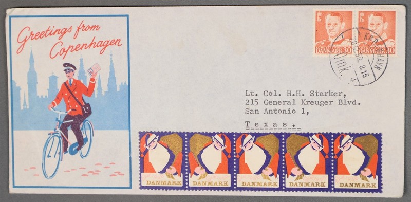 MayfairStamps Denmark 1950 Strip Christmas Label Greetings from Copenhagen to Sa