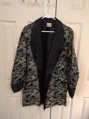 Vintage ORIENTAL STAR Smoking Jacket Brocade Robe Asian Print Satin Trim 42