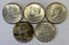 5 - 1964 Kennedy 90% Silver Half Dollars  Denver Mint EF to AU Condition  A9