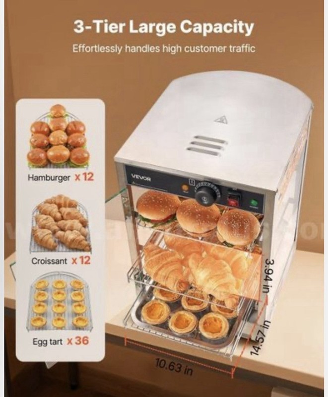 VEVOR Countertop Curved Glass Heated Display Warmer Case, 3-Shelf Self Service