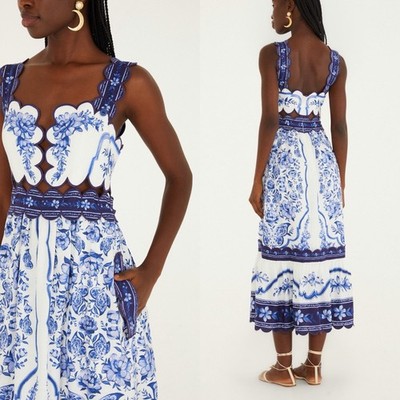 Farm Rio Off-White Porcelain Garden Cut-Out Midi Dress