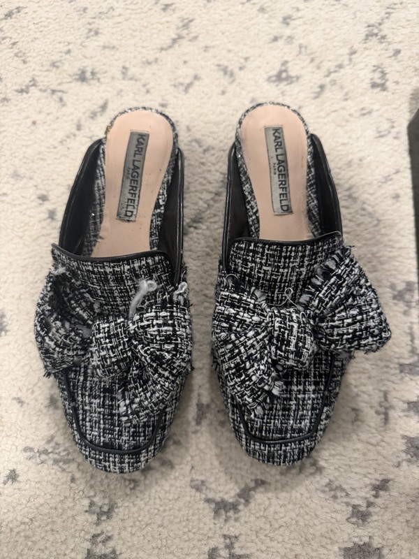 Karl Lagerfeld Paris Bouclé Bow Slip-On Slides Flats Black White US 6.5