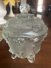 Vintage Jeannette Glass Co Footed Covered Candy Dish - Grape & Leaf Pattern