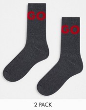 NWT Hugo Boss Logo 2-Pack Bold Logo Ribbed Quarter Length Socks 7-13 Grey