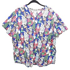 Christmas Scrub Top Womens V Neck Santa Mrs Claus Snowmen Reindeer Ties In Back
