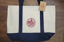 Trader Joe’s Blue/Cream White Heavy Duty Reusable Canvas Eco Tote Bag Large NWT