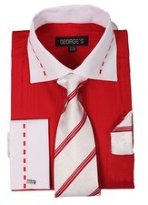 Men's fashion Dress Shirt With Tie Hanky 2 Tone Red/WhiteColor,French Cuff 621