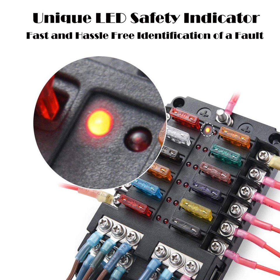 12 Way Auto Blade Box Block Current Safety LED Indicator Holder DC 12V 24V Car - Image 3 of 4