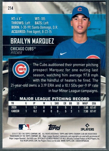 2021 Stadium Club Brailyn Marquez Rookie RC #214 Cubs QTY - Bild 2 von 2