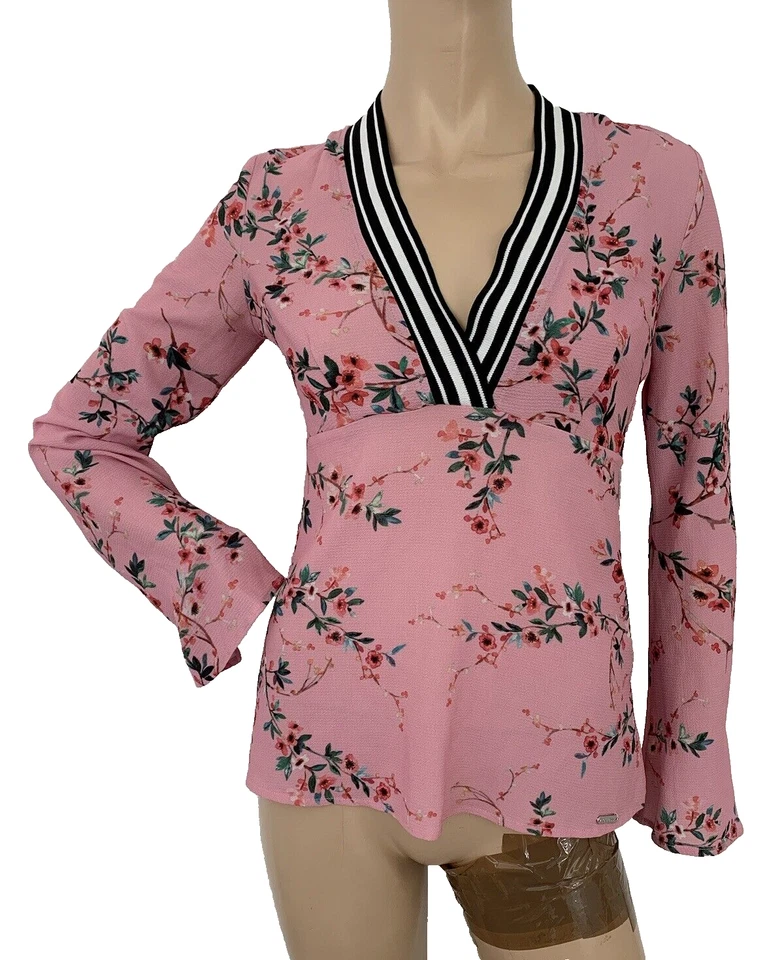 GUESS Pink Floral Print Long Bell Sleeve V Neck Blouse Top XS Made In Italy VGC - Image 2 of 4