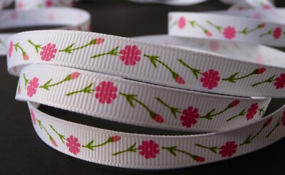 3/8''  pink Carnation Flower on white grosgrain RIBBON 1 yd party wrap gift bow 