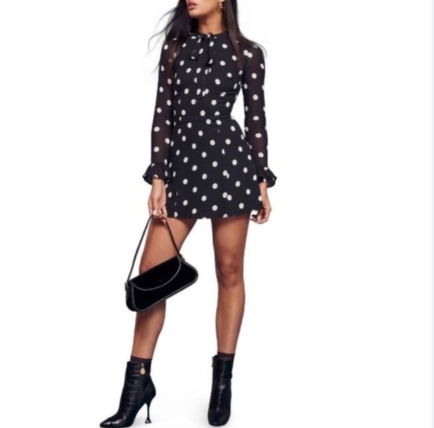 reformation black and white polka dot dress Bryson Black Polka Dot Sweetheart-Neck Midi Dress