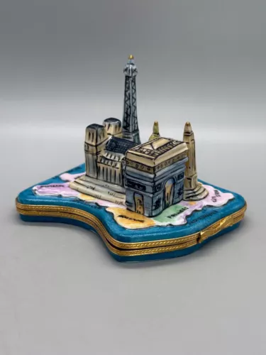 VTG Limoges France Deco Peint Main Porcelain Paris Trinket Box Map Notre Dame