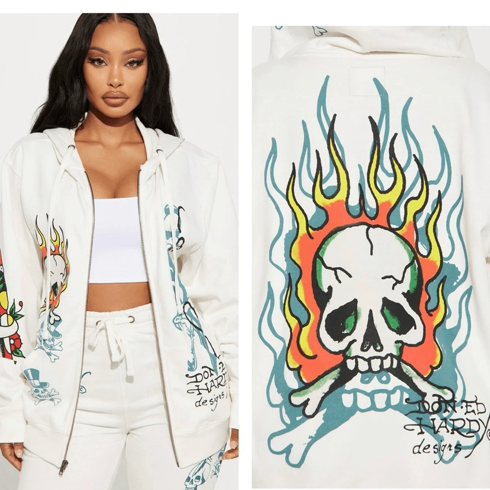 Sudadera con capucha blanca Ed Hardy con arte de calavera y llama Foto 2 de 4