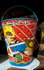 Vintage Tin Sand Pail Farm Theme Ohio Art with shovel strawberries ducks (M6)