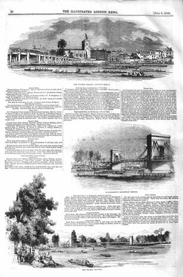 Original alter antiker Druck 1843 Themse Regatta Fulham Brücke Hammersmith 19.