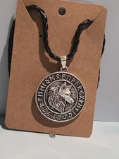 Norse Viking Double Sided Rune Wolf Head Pendant Necklace - Odin Geri and Freki