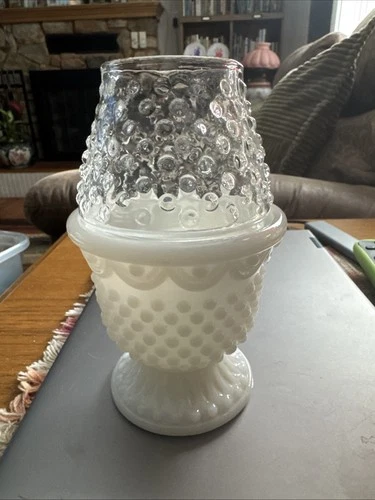 Vintage Avon Hobnail Milk & Clear Glass Fairy Lamp- Candleholder-1970's