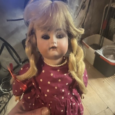 K E Porcelain Girl Doll Blonde Curly Hair Purple Polka Dot Dress Shoes