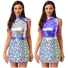 Womens Astronaut Space Costume Warrior Gradient Sequin A-line Dress Halloween