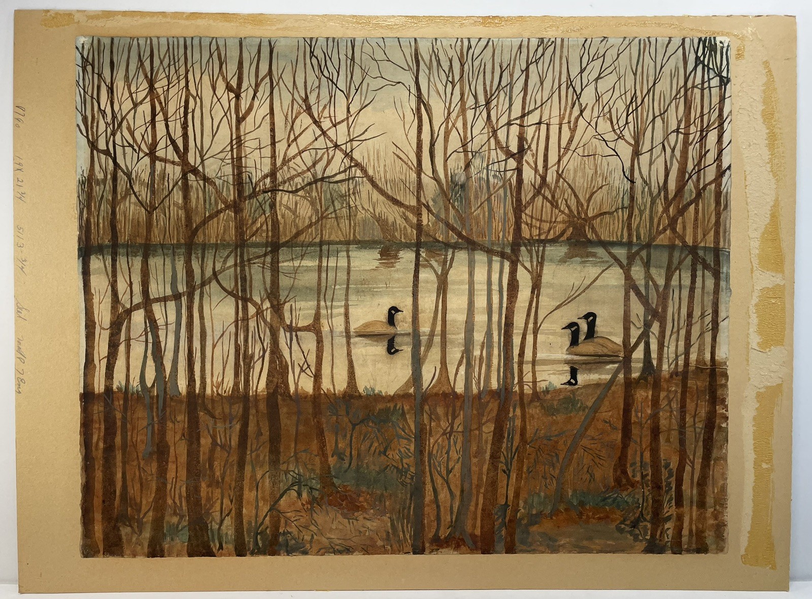 Antique Watercolor Painting Canada Geese Lake Landscape￼ 1920s Primitive naïve