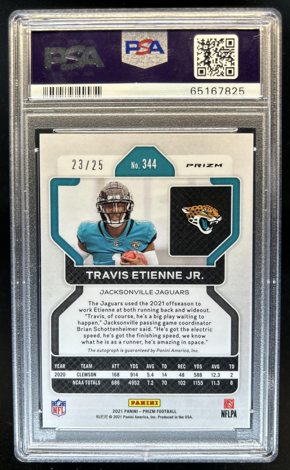 2021 Panini Prizm Travis Etienne Jr. Rookie Auto RC Blue Shimmer #/25 PSA 10 view 2