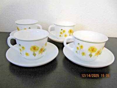 4 Vintage ARCOPAL  Milk Glass Yellow Flowers Tea/Coffee Cups & Saucers- FRANCE