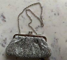 Silver Rhinestone Satin Evening Bag w/ Chain Handle for Special Occasion Formal