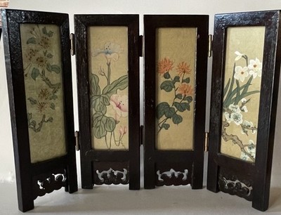 Vintage Byobu Japanese 4 Panel Folding Hand Painted Table Art Screen Floral 6.5 
