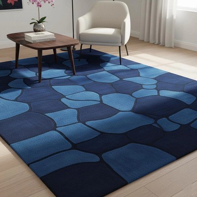 Hand Tufted Blue Abstract Rug: Modern Geometric Accent Carpet for living room
