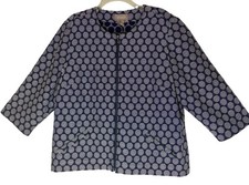 CHICOS Jacket Blazer Size 3 Blue White Zipper Front 3/4 Sleeve Embroider Texture