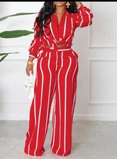 Striped Print Two-Piece Set, Front Button Long Sleeve Shirt + High Waist Wide 