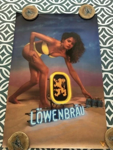vintage Lowenbrau yellow bikini beach female beer poster neon sign no pinholes