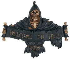 Welcome to Hell Reaper Wall Plaque Hand-Painted Resin Gothic Skeleton Decor G...