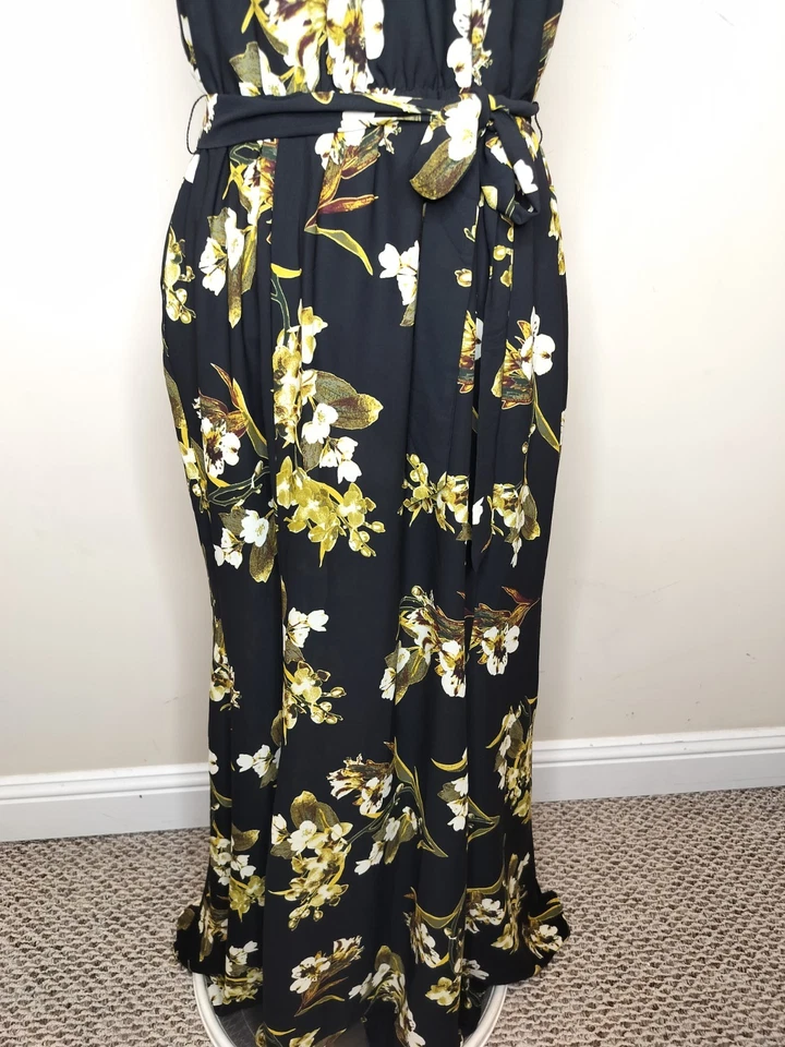 New York & Company Floral Halter Maxi Dress Size Large Black Yellow Flowy NWT - Image 3 of 4