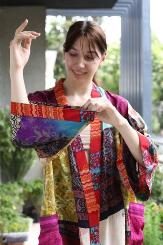 100% Crepe Silk Multicolor Patchwork Kimono Long Night Floral Robe PS PWK1026 - Picture 7 of 10