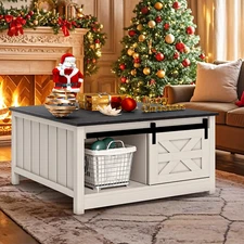 Farmhouse Storage Coffee Table: Wooden Square Center Table with Sliding Barn Doo